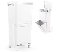 TANGZON Recycling Bins, 40L Trash Can Garbage Bin with 3 Compartments, Wheels, Classification Stickers & Handle, Vertical Waste Separation System for Kitchen Home (42x28x74cm)