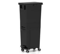 TANGZON Recycling Bins for Kitchen, Vertical Rubbish Waste Separation System with Middle Drawer, Classification Stickers, Handle & Wheels, 30L 3 Compartments Trash Can Garbage Bin (Black)