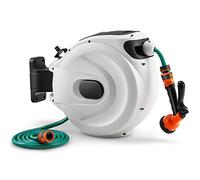 TANGZON Retractable Hose Reel, Wall-Mounted 180° Swivel Garden Hose Reel with 8 Functions Spray Nozzle, Auto Rewind Hose Reel for Patio Yard Greenhouse (White, 20+2M Pipe, 40x20x37cm)