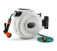 TANGZON Retractable Hose Reel, Wall-Mounted 180° Swivel Garden Hose Reel with 8 Functions Spray Nozzle, Auto Rewind Hose Reel for Patio Yard Greenhouse (White, 30+2M Pipe, 43x24x40cm)