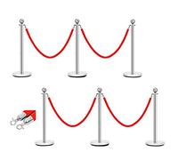 TANGZON Set of 4/6 Queue Rope Barrier Post Stands, Stainless Steel Security Stanchion Set with 1.5m Velvet Ropes & Concrete Filled Metal Base, Crowd Control Barrier for Hotel Museum (6, Red+Silver)