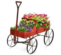TANGZON Wagon Garden Planter, Decorative Plant Pot Stand with Rotatable Handle & 4 Wheels, Indoor Outdoor Wooden Flowers Wagon Cart for Park, Backyard and Patio (Red)