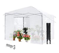 TANGZON Walk-in Greenhouse, Portable Pop-up Green House with PE Cover, Roll-up Windows & Doors, Height Adjustable Steel Frmae Garden Plant Flower Vegetable Grow House (300 x 300 x 255-275cm, White)