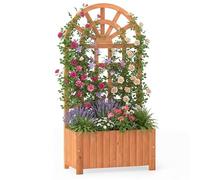 TANGZON Wood Planter with Trellis, Raised Garden Bed with Detachable Bottom Panels, Rounded Roof & Drainage Holes, Outdoor Elevated Planter Box for Vegetables Flowers Herbs, 61 x 30 x 121 cm (Brown)