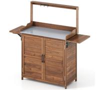 TANGZON Wooden Garden Shed, Potting Bench Table with Galvanized Top & Removable Shelves, 3 Hanging Hooks, Outdoor Tool Storage Cabinet Planting Workstation (with 2 Folding Side Tables, 138x47x128cm)