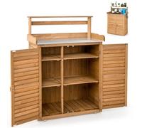 TANGZON Wooden Garden Shed, Potting Bench Table with Galvanized Top & Removable Shelves, 3 Hanging Hooks, Outdoor Tool Storage Cabinet Planting Workstation (No Side Tables, 87x45x120cm)
