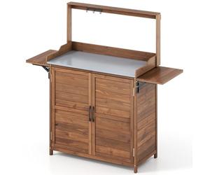 TANGZON Wooden Garden Shed, Potting Bench Table with Galvanized Top & Removable Shelves, 3 Hanging Hooks, Outdoor Tool Storage Cabinet Planting Workstation (with 2 Folding Side Tables, 138x47x128cm)