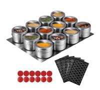 Tanice Magnetic Spice Jars, 12 Pack Magnetic Seasoning Jars, Stainless Steel Spice Containers Stick on Refrigerator with 1 Tray, 5 Sheets of Spice Labels and 12 PCS Adhesives for Kitchen