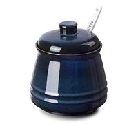 Tanirapel Porcelain Sugar Bowl, 10 oz Seasoning Cellar with Lid and Spoon, Sugar Canister for Coffee Bar, Salt Container for Kitchen, Blue