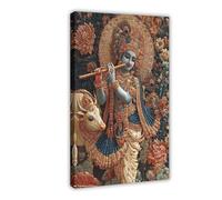 Tanjore Art Print_ Lord Krishna with Peacock Crown And Gold Foil Canvas Poster Bedroom Decor Landscape Office Room Decor Gift 08x12inch(20x30cm)