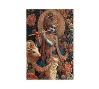 Tanjore Art Print_ Lord Krishna with Peacock Crown And Gold Foil Canvas Poster Wall Art Decor Print Picture Paintings for Living Room Bedroom Decoration 16x24inch(40x60cm)