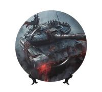 Tank Battle Bone China Decorative Plate with Stand and Hook Ceramic Dinner Plates Art Porcelain Plate for Home Office Wall Decor Collections 8in