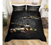 Tank Duvet Cover Set Double Size, Army Camo Tank Aircraft Bedding Set 3pcs for Kids Boys Teens Bedroom Decor, Grey Brick Wall Print Comforter Cover Soft Polyester Quilt Cover with 2 Pillowcases