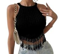 Tank Top for Women Sleeveless Cold Shoulder Fringe Summer Cami Shirts Slim Fit Tassel Hem Going Out Vest Tops (A1-Black, M)