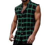 Tank Top Men's Plaid Print Vest Buckle Bows Sleeveless T-Shirt Regular Fit Fashion Check Shirt Rockabilly Checked Vest Button Down Shirt Summer Beach Holiday T-Shirt, O Green, L