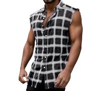 Tank Top Men's Plaid Print Vest Buckle Bows Sleeveless T-Shirt Regular Fit Fashion Check Shirt Rockabilly Checked Vest Button Down Shirt Summer Beach Holiday T-Shirt, O Black, XXL