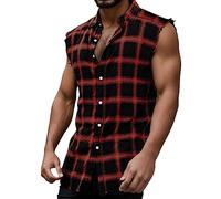 Tank Top Men's Plaid Print Vest Buckle Bows Sleeveless T-Shirt Regular Fit Fashion Check Shirt Rockabilly Checked Vest Button Down Shirt Summer Beach Holiday T-Shirt, O Red, XXL
