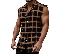 Tank Top Men's Plaid Print Vest Buckle Bows Sleeveless T-Shirt Regular Fit Fashion Check Shirt Rockabilly Checked Vest Button Down Shirt Summer Beach Holiday T-Shirt, O yellow, XXXL