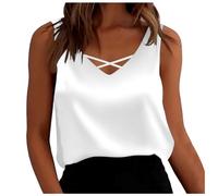 Tank Top Women's Summer Elegant Tank Top Satin Straps Basic Summer Vest Shirt Casual V-Neck Sleeveless Blouses Shirt Sexy Tank Tops & Strap Tops for Women, White, XXL