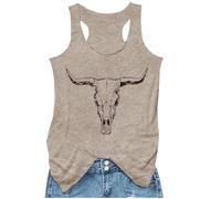 Tank Tops for Women 2025 Summer Basic Gym Racerback Tops Beach Vacation Graphic Tee Shirts Yoga Workout Camisole Outfits, Cow Skull Khaki, M