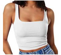 Tank Tops for Women UK Summer Casual Camisole Vest Ribbed Knitted Sleeveless Square Neck Solid Color Wide Straps Cropped Y2K Basic Camis Going Out Night Club Tops White S