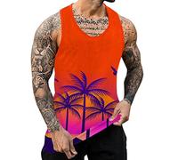 Tank Tops Vests for Men UK Beach Hawaiian Casual Palm Tree Print Sleeveless Crewneck Tshirts Tops Summer Vintage Classic Workout Vest Blouses Running Tank Top Men,A89 Orange,XXXL