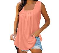 Tank Tops Women UK Clearance,Ladies Vest Tops Square Neck Sleeveless Summer Tops Going Out Pleated Solid Loose Fit T-Shirt Longline Blouse Flounce Cami Shirts Camisoles Tunic for Leggings Pink