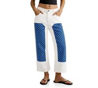 Tankaneo Women Cropped Polka Dot Jeans Casual High Waisted Straight Leg Patchwork Y2K Denim Pants with Pockets, Dark Blue, 14