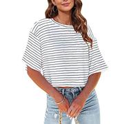 Tankaneo Women Half Sleeve Cropped T-Shirts Drop Shoulder Round Neck Crop Tops Casual Summer Solid Color Basic Tees, A00-white, M