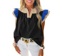 Tankaneo Womens Color Block Ruffle Top Summer Puff Sleeve V Neck Blouse, Black, M