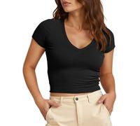 Tankaneo Womens Crop Tops Ribbed V Neck Short Sleeve Summer Basic Tees Slim Fit Y2k Shirts, Black, S