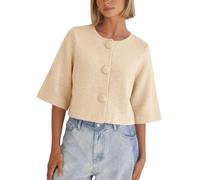Tankaneo Womens Cropped Half Sleeve Cardigan Sweaters Knit Button Down Tops | Crew Neck, Statement Buttons, Loose Fit, Spring Fall Outfits, Lightweight, Ribbed Knit, Knitwear, Work Top
