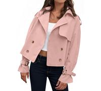 Tankaneo Womens Cropped Trench Coat Oversized Double Breasted Lapel Long Sleeve Short Jacket Fashion Outerwear, Pink, S