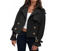 Tankaneo Womens Cropped Trench Coat Oversized Double Breasted Lapel Long Sleeve Short Jacket Fashion Outerwear, Black, L
