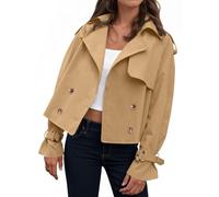 Tankaneo Womens Cropped Trench Coat Oversized Double Breasted Lapel Long Sleeve Short Jacket Fashion Outerwear