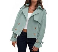 Tankaneo Womens Cropped Trench Coat Oversized Double Breasted Lapel Long Sleeve Short Jacket Fashion Outerwear, Sreygreen, S