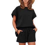 Tankaneo Women's Loose Short Sleep Set Tops Drawstring Pants Striped Textured 2 Piece Loungewear Sets with Pocket, Black, L