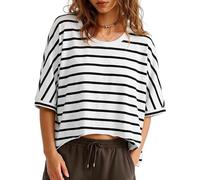 Tankaneo Womens Oversized T-Shirts Cropped Summer Casual Short Sleeve Loose Fit Tee Tops, White Striped, XL