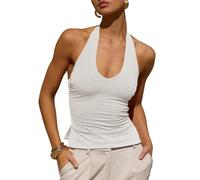Tankaneo Women's Sexy Halterneck Tops Round Neck Backless Tank Tops Summer Ruffled Crop Top Slim Fit Tops, White, L