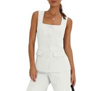 Tankaneo Women's Single Breasted Vests Square Neck Sleeveless Slim Fitted Work Office Waistcoats, White, Small
