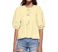 Tankaneo Womens Tie Front Tops Summer Peplum Babydoll Puff Short Sleeve Blouse Cute Cotton Shirts, Beige, XL