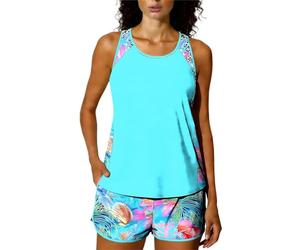 Tankini Sets for Women 2 Piece Swimming Costume Athletic Bathing Suits Hawaiian Tropical Print Modest Swimwear Loose Fit Tank Top with Swim Shorts Padded Sports Swimsuits Ladies Beachwear