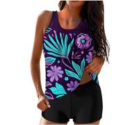 Tankini Sets for Women UK, Tankini with Shorts,Two Piece Swimsuits Boyleg Tummy Control Swimwear Vintage Floral Print Swim Tank Tops High Waist Trunks Beach Bathing Suit Sets Ladies
