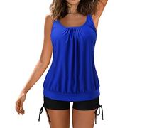 Tankini Swimsuit for Women Tummy Control Swimsuit Push Up Padded Swimwear Swimwear Tank Top with Bikini Boyshort Two Pieces Blouson Tankini with Shorts for Ladies Plus Size Swimwear Bathing Suit Blue