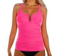 Tankini Tops for Women Swimwear Top Only Tummy Control Bathing Suit Top No Bottom - Women's Solid Color Ruched Tankini Top - Deep V Neck Tummy Control Padded Swimsuit Top Hot Pink