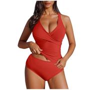Tankini with Bottoms Twisted Front Tummy Control Tops with Chest Cushion Criss Cross Back Two Piece Tankini Swimwear Casual Beach Sports Surfing Swimsuits