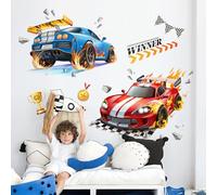 Tanlaby 2 Large 3D Racing Cars Wall Stickers Red Blue Car Trophies Wall Decals Vinyl Removable Wall Art for Boys Bedroom Kids Room Playroom Wall Decor