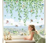 Tanlaby 9 Sheets Hanging Greenery Vine Window Stickers Spring Summer Green Ivy Leaves Flowers Window Clings Floral Leaf Plant Birds Decals for Wedding Party Home Glass Doors Mirror Decor