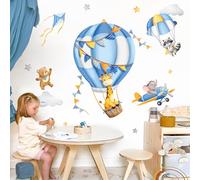 Tanlaby Blue Hot Air Balloon Wall Stickers Cartoon Animals Bear Giraffe Elephant Wall Decals Peel and Stick Art Decor for Baby Nursery Kids Bedroom Playroom Daycare