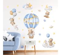 Tanlaby Blue Hot Air Balloon Wall Stickers Cartoon Bear Rabbit Stars Planets Wall Decals Peel and Stick Art Decor for Baby Nursery Kids Bedroom Playroom Daycare Classroom